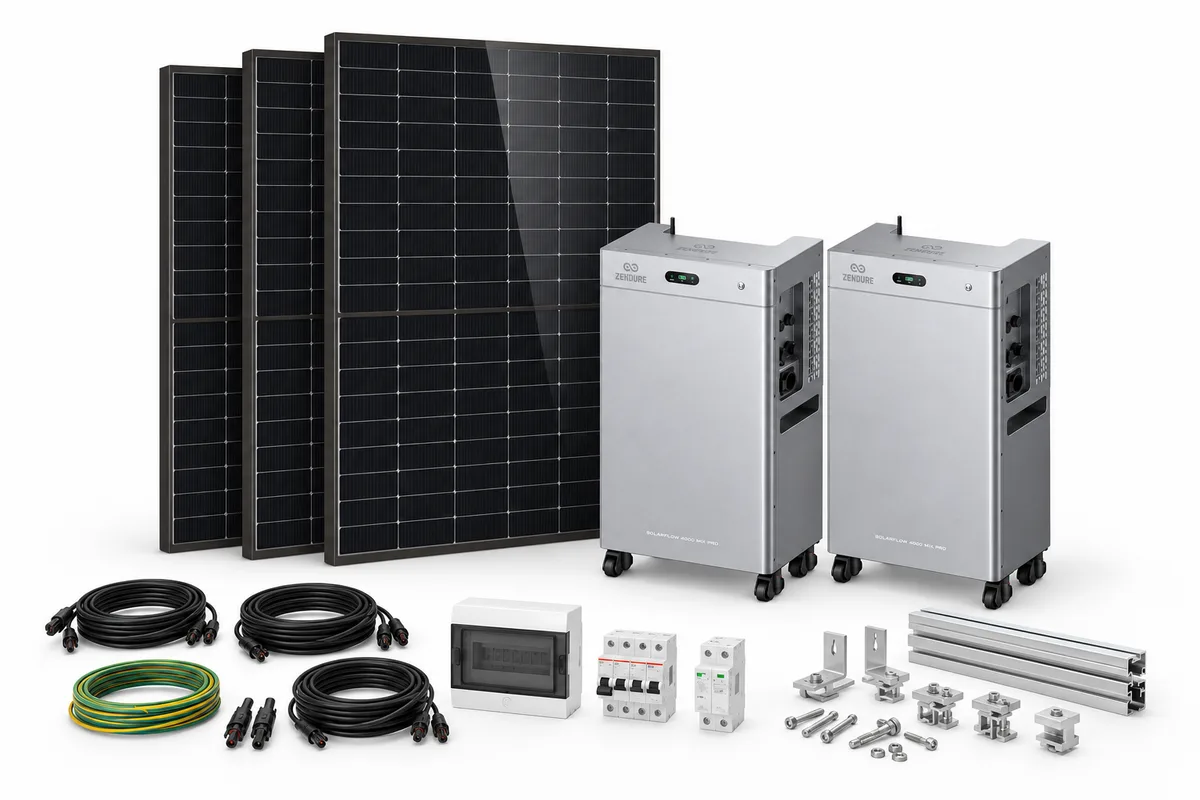 Panneaux DMEGC et deux systèmes Zendure SolarFlow 4000 Mix Pro avec batterie intégrée, avec représentation des fixations, câbles, connecteurs et protections